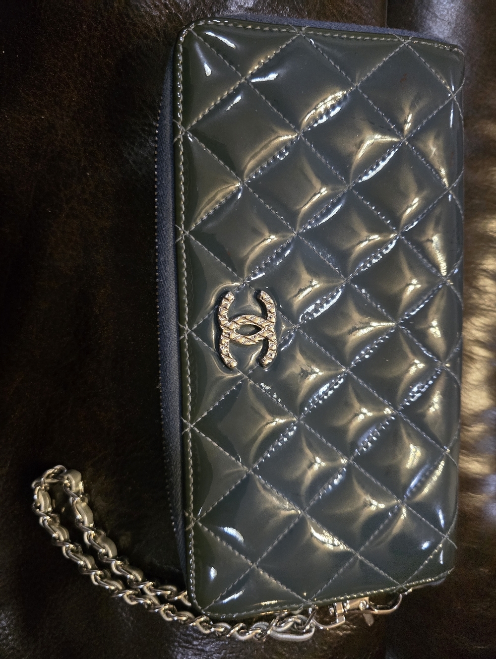 Chanel Zip Around Greenish Blue Quilted Patent Leather